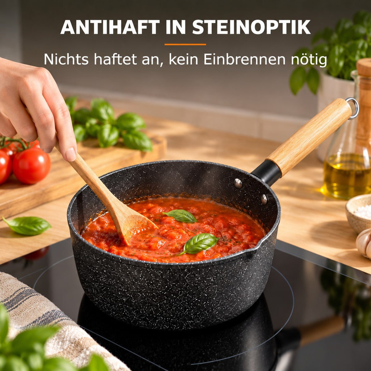 Le Yuki – Kleine Wok Steelpan Induktion, ANTIHAFT IN STEINOPTIK: Nichts haftet an, kein Einbrennen nötig
