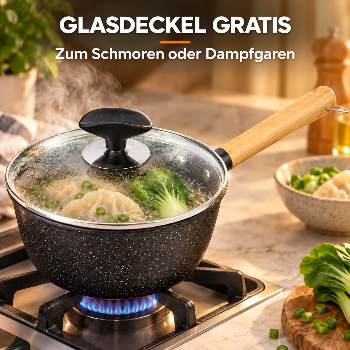Le Yuki – Kleine Wok Steelpan Induktion, GLASDECKEL GRATIS: Zum Schmoren oder Dampfgaren