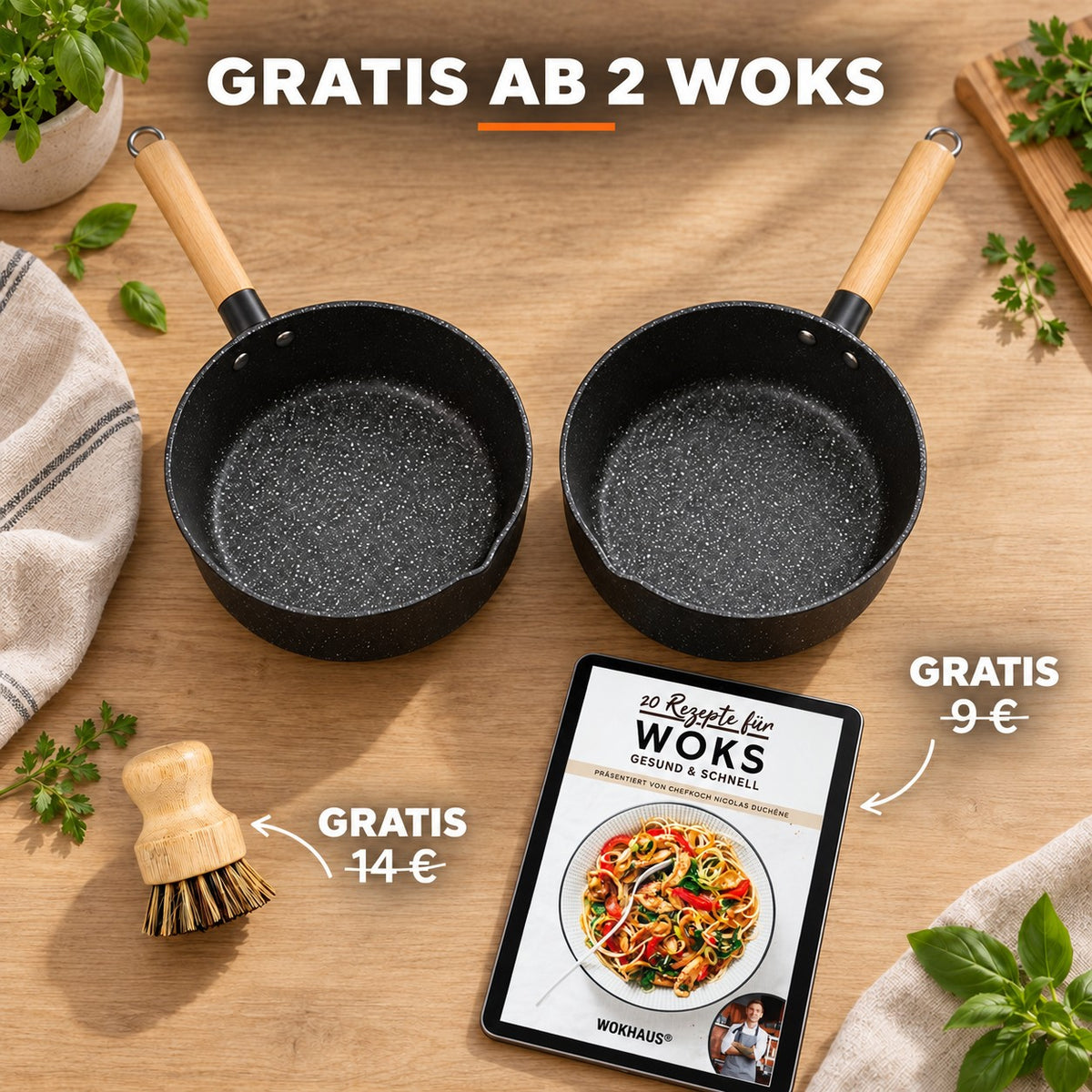 Le Yuki – Kleine Wok Steelpan Induktion, GRATIS AB 2 WOKS: Bambusbürste (14 €), Rezeptbuch (9 €)