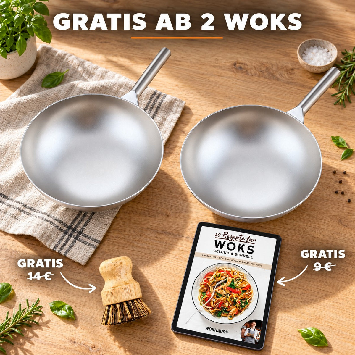 Le Paroka – Leichter Edelstahl-Wok in Qualität, GRATIS AB 2 WOKS: Bambusbürste (14 €), Rezeptbuch (9 €)