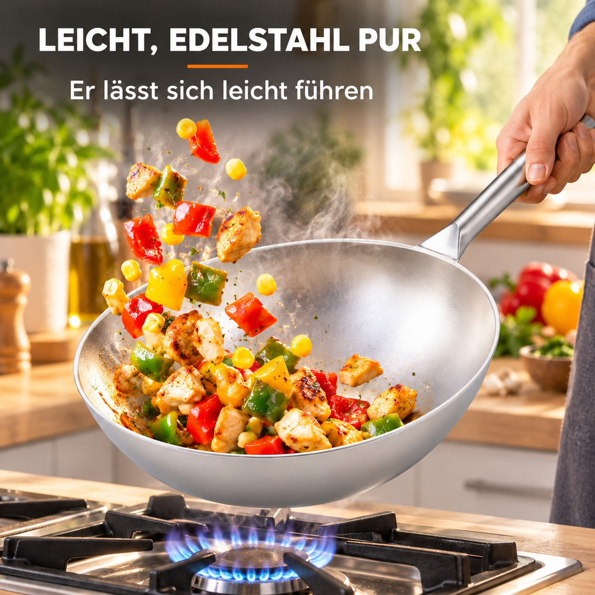 Le Paroka – Leichter Edelstahl-Wok in Qualität, LEICHT, EDELSTAHL PUR: Er lässt sich leicht führen