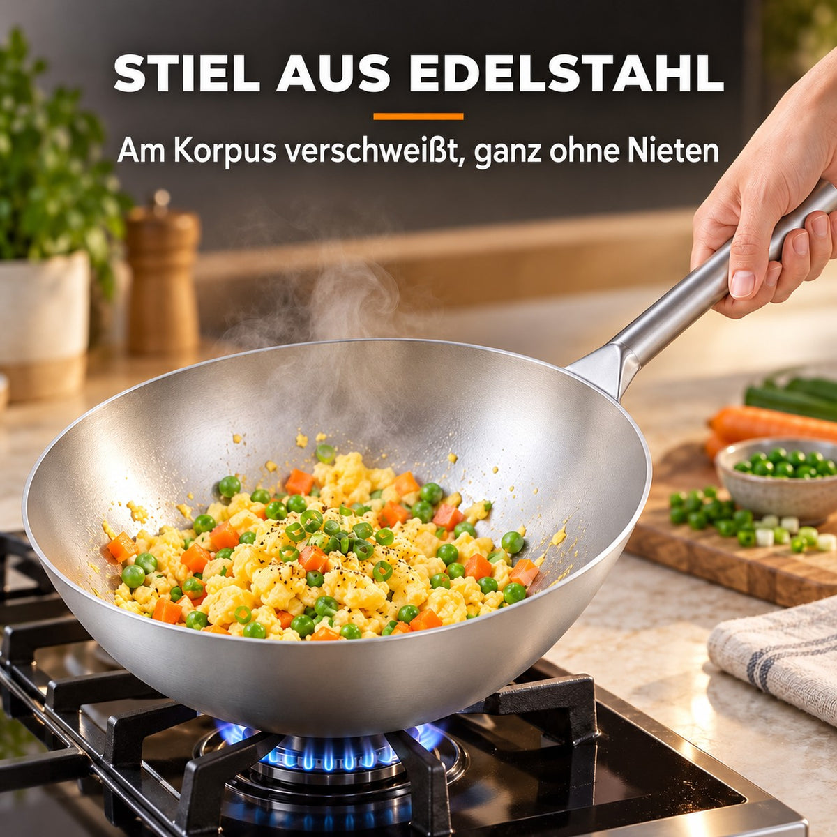 Le Paroka – Leichter Edelstahl-Wok in Qualität, STIEL AUS EDELSTAHL: Am Korpus verschweißt, ganz ohne Nieten