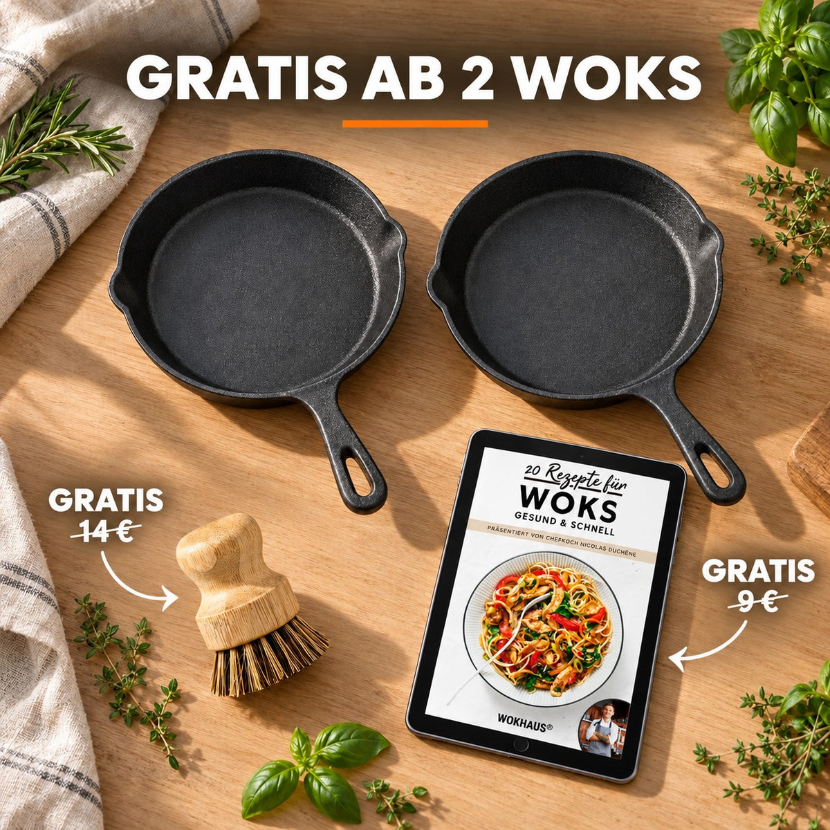 Le Kalda – Mini Wok Gusseisen, GRATIS AB 2 WOKS: Bambusbürste (14 €), Rezeptbuch (9 €)