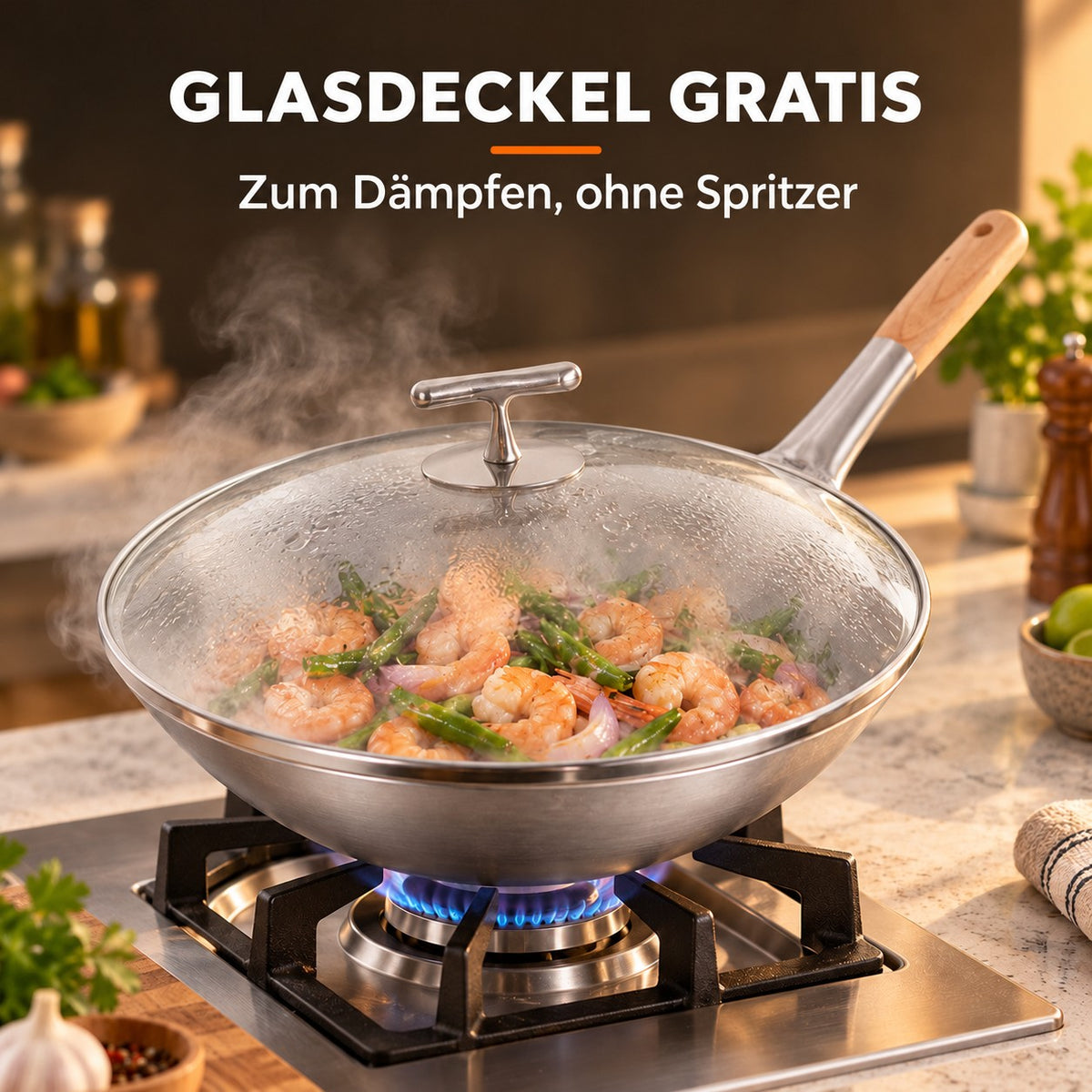 Le Kirishima – Chinesischer Wok mit Rundboden, GLASDECKEL GRATIS: Zum Dämpfen, ohne Spritzer