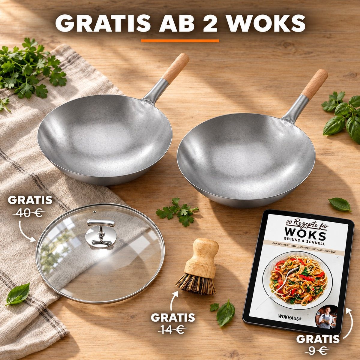 Le Kirishima – Chinesischer Wok mit Rundboden, GRATIS AB 2 WOKS: Glasdeckel (40 €), Bambusbürste (14 €), Rezeptbuch (9 €)