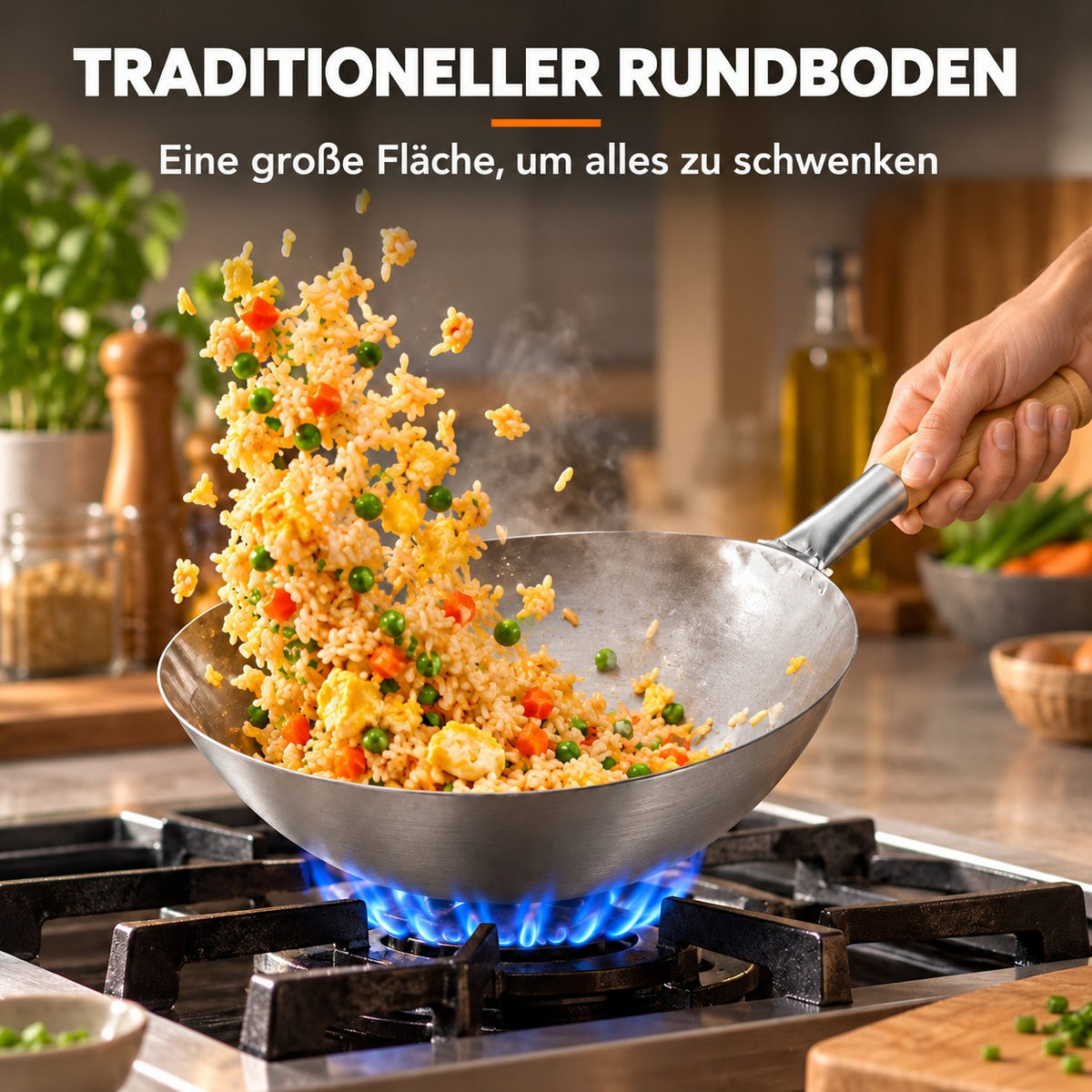 Le Kirishima – Chinesischer Wok mit Rundboden, TRADITIONELLER RUNDBODEN: Eine große Fläche, um alles zu schwenken