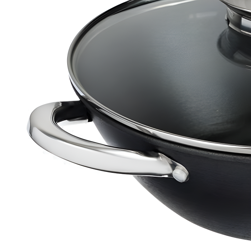 Le Nantai Poêle Wok Sans Manche en acier noir avec deux anses et grille incluse