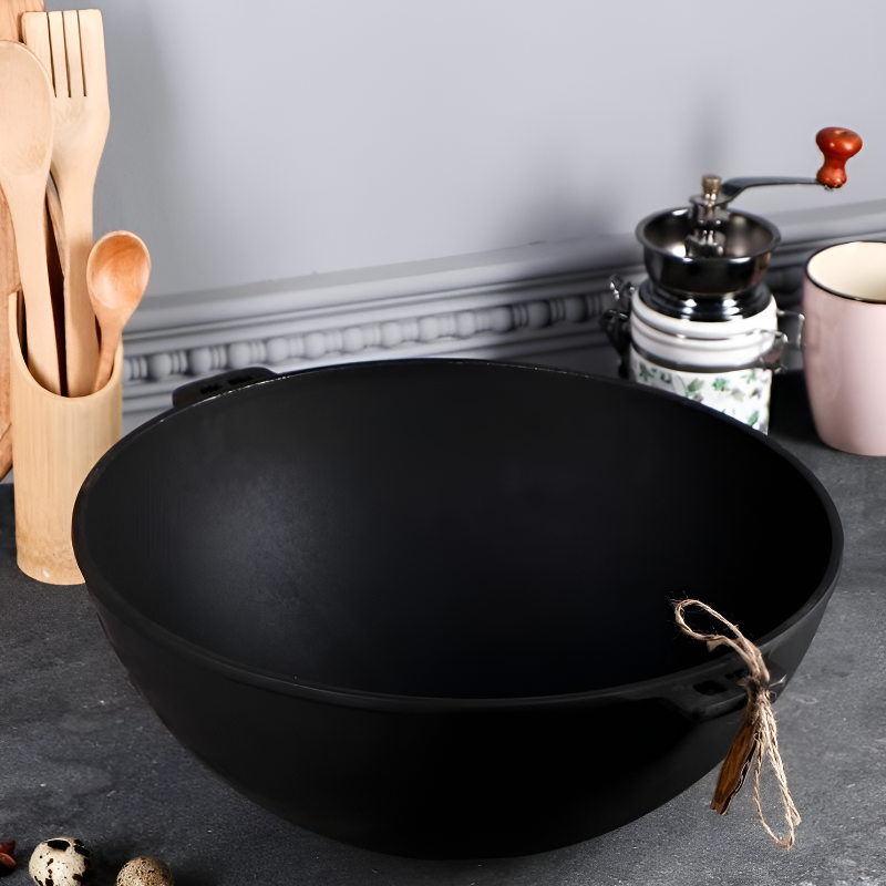 Le Manaka induktionsgeeigneter Gusseisen-Wok beim Kochen auf Induktion