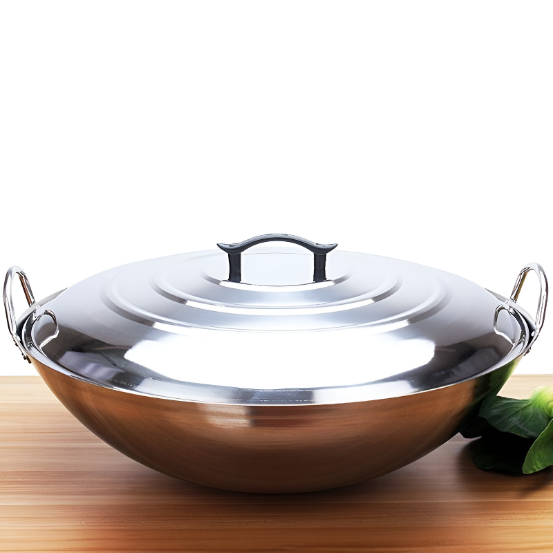 Le Yari gewölbter Wok 40 cm aus Edelstahl mit Deckel und zwei Metallgriffen