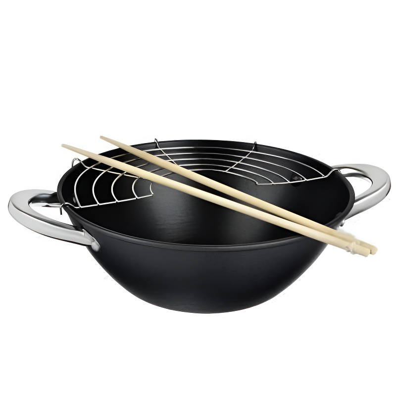 Le Nantai Wok-Pfanne ohne Griff aus schwarzem Stahl mit zwei Henkeln und Grillrost