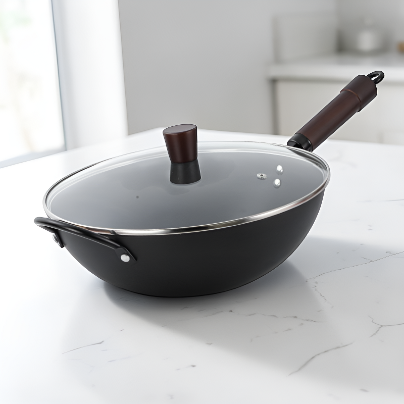 Le Ikari Eisen Wok Flacher Boden, Detailaufnahme des Holzgriffs