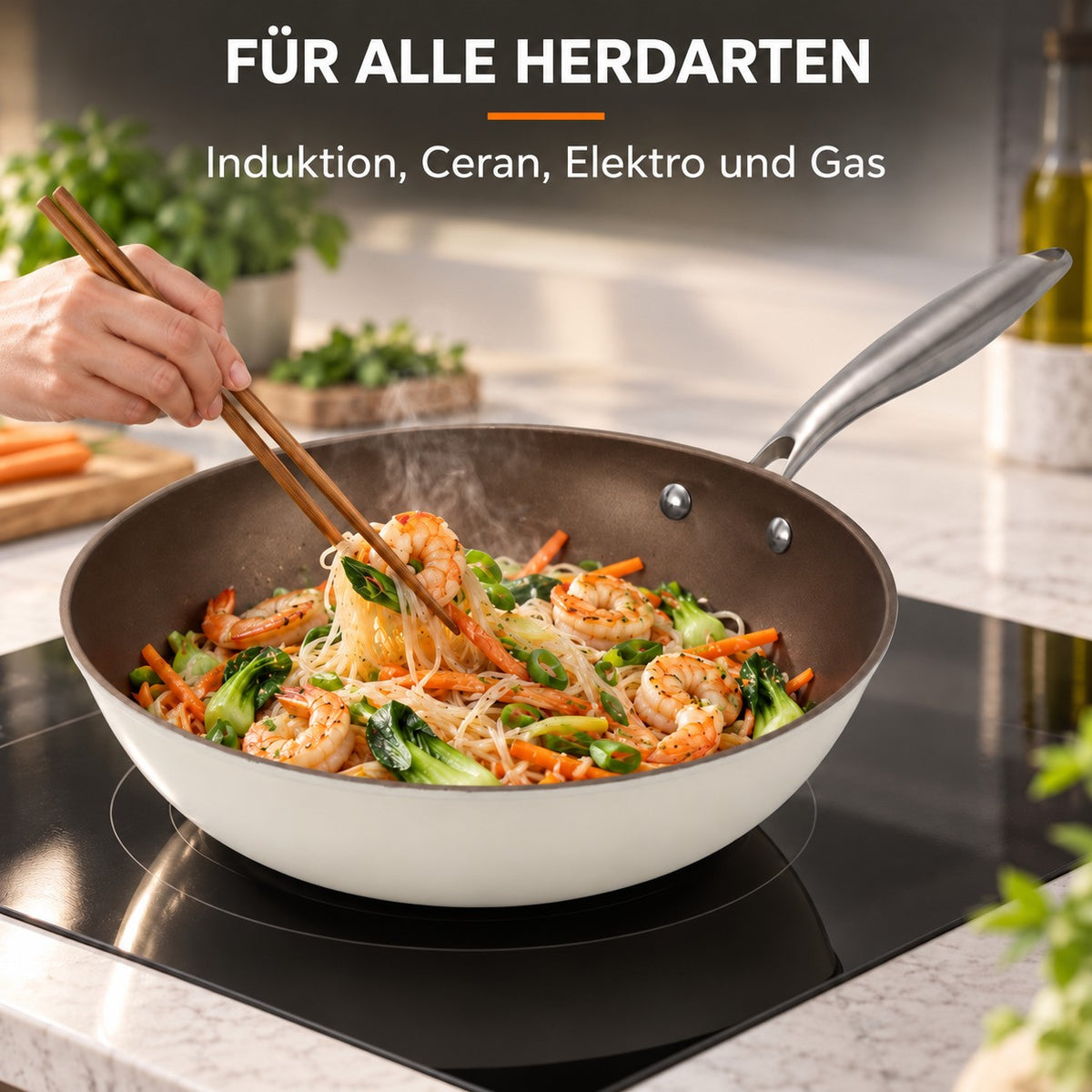 Le Yorano – PFOA Free Wok, FÜR ALLE HERDARTEN: Induktion, Ceran, Elektro und Gas