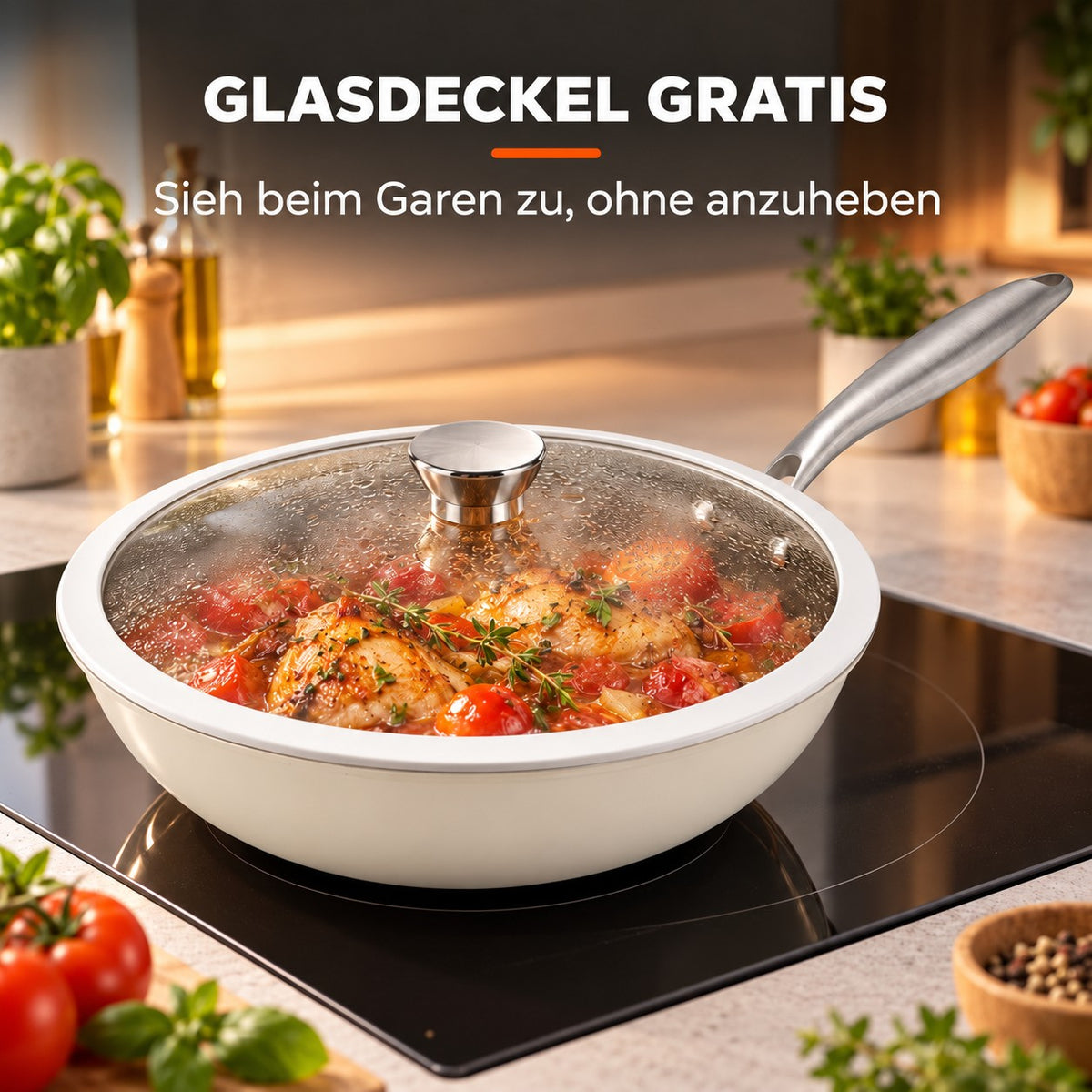 Le Yorano – PFOA Free Wok, GLASDECKEL GRATIS: Sieh beim Garen zu, ohne anzuheben