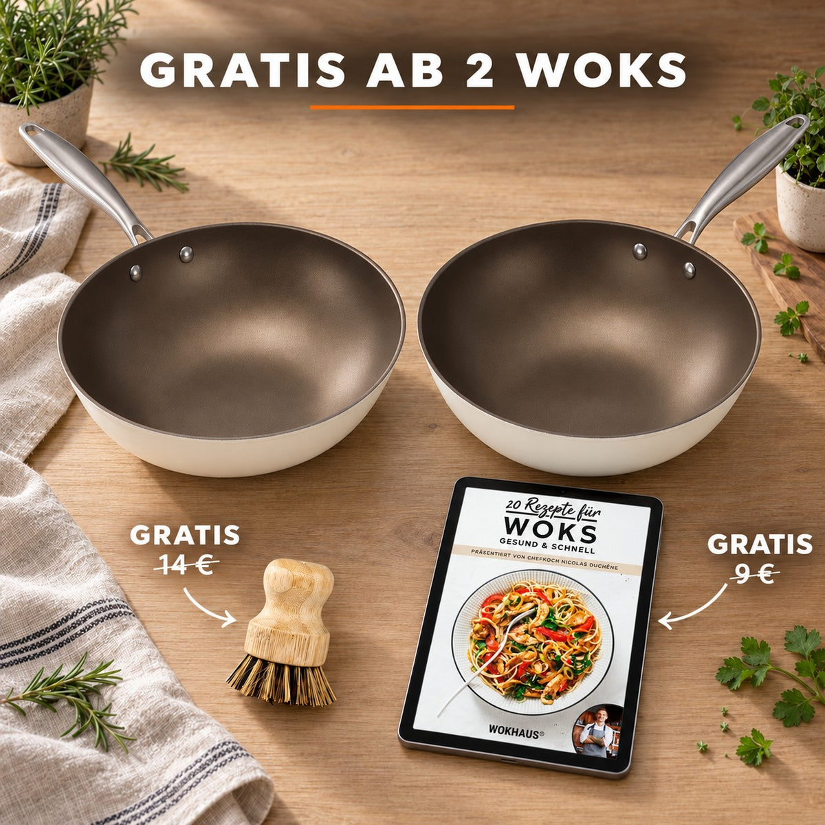 Le Yorano – PFOA Free Wok, GRATIS AB 2 WOKS: Bambusbürste (14 €), Rezeptbuch (9 €)