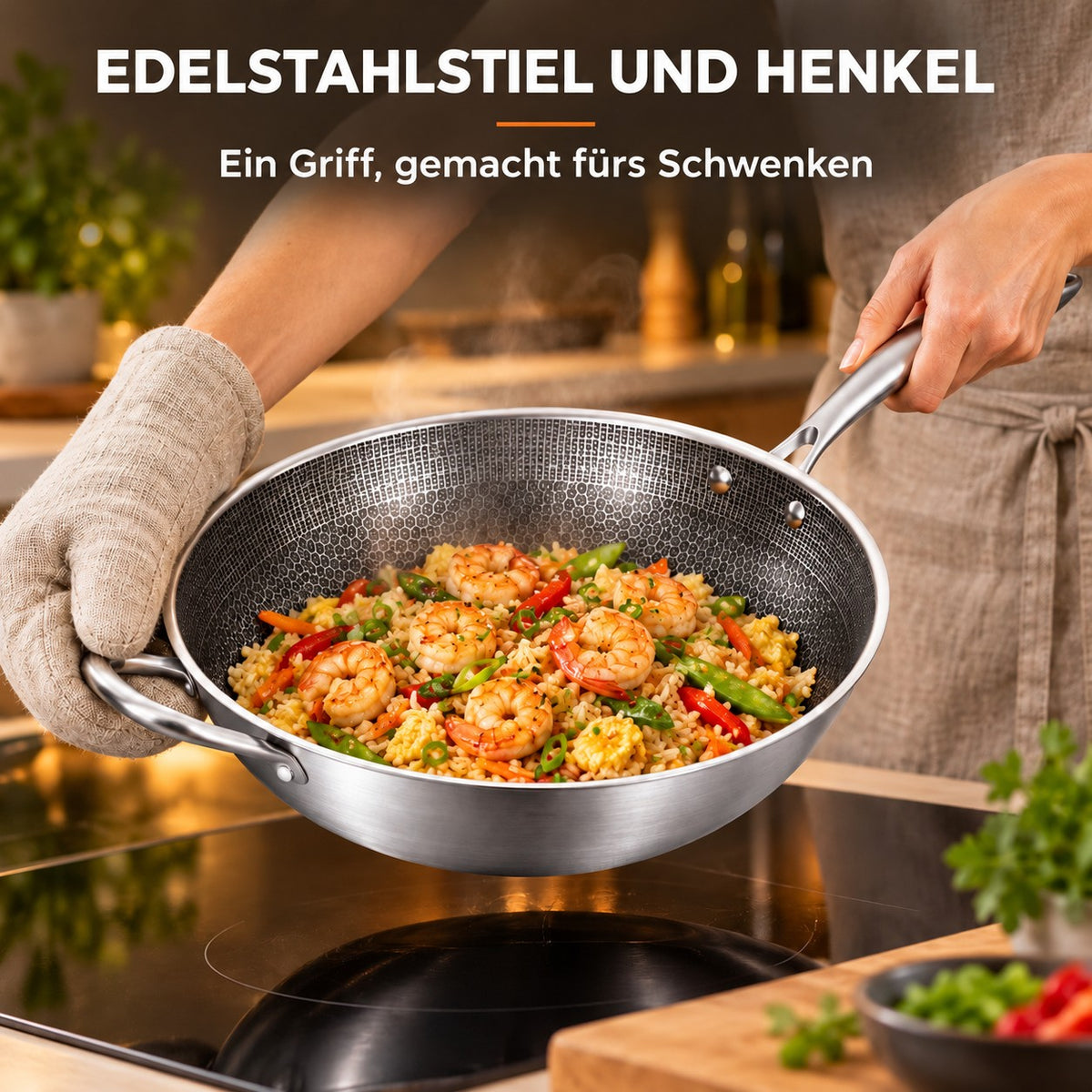 Le Kita – Profi Waben Wok Induktion, EDELSTAHLSTIEL UND HENKEL: Ein Griff, gemacht fürs Schwenken