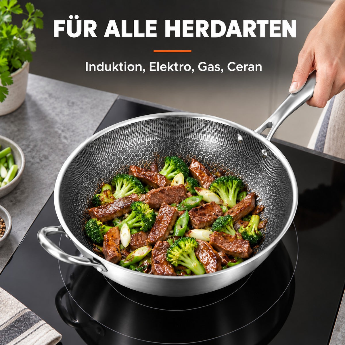 Le Kita – Profi Waben Wok Induktion, FÜR ALLE HERDARTEN: Induktion, Elektro, Gas, Ceran
