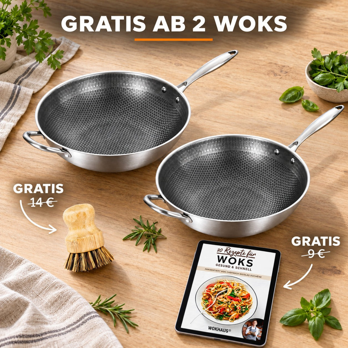 Le Kita – Profi Waben Wok Induktion, GRATIS AB 2 WOKS: Bambusbürste (14 €), Rezeptbuch (9 €)