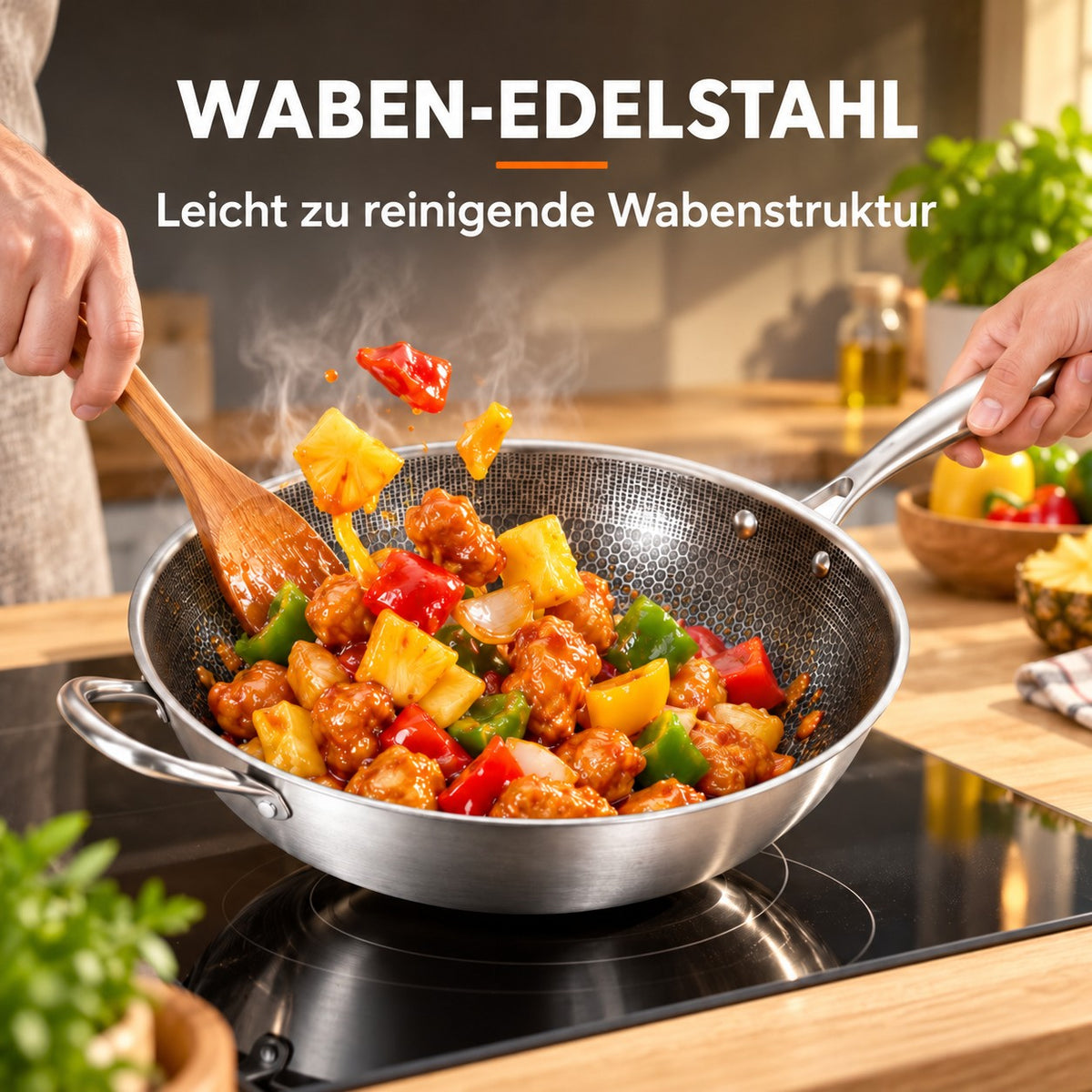 Le Kita – Profi Waben Wok Induktion, WABEN-EDELSTAHL: Leicht zu reinigende Wabenstruktur