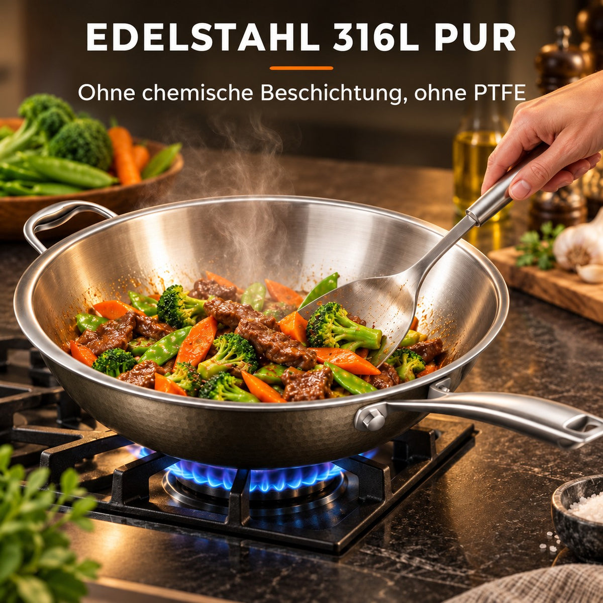 Le Houou – Profi Wok, EDELSTAHL 316L PUR: Ohne chemische Beschichtung, ohne PTFE