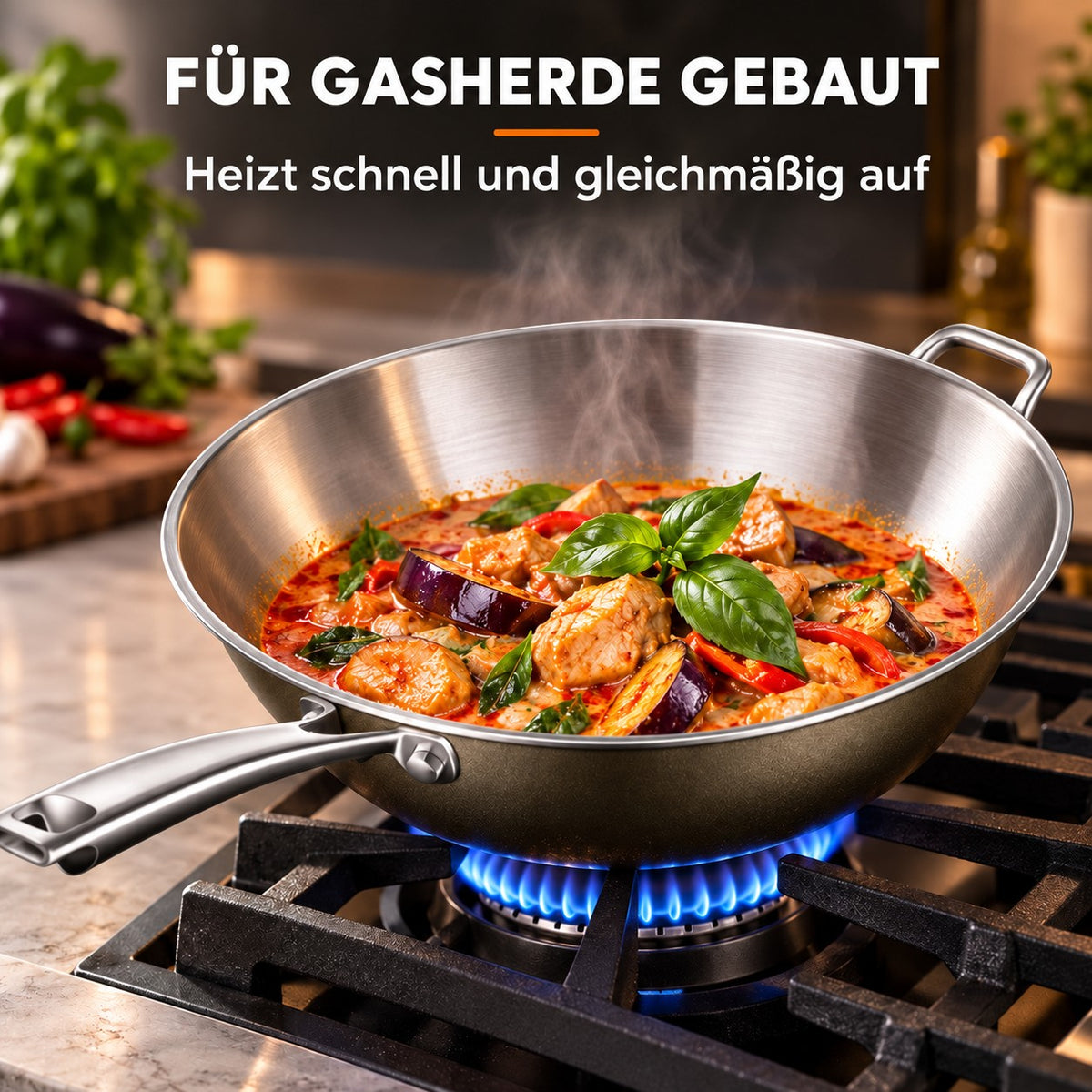 Le Houou – Profi Wok, FÜR GASHERDE GEBAUT: Heizt schnell und gleichmäßig auf