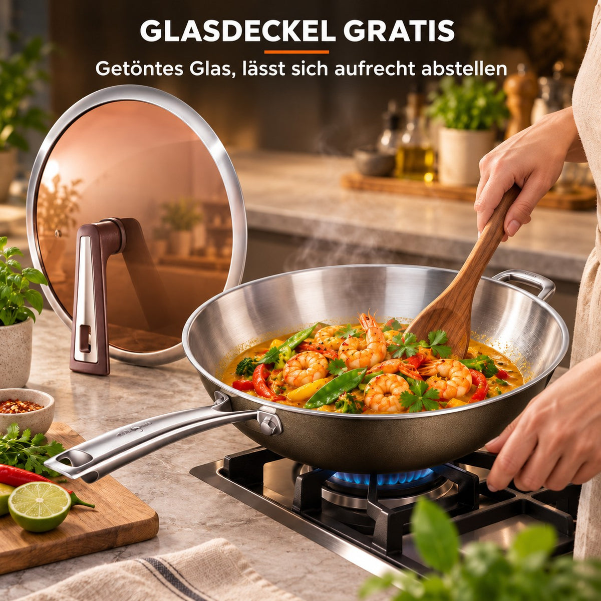 Le Houou – Profi Wok, GLASDECKEL GRATIS: Getöntes Glas, lässt sich aufrecht abstellen