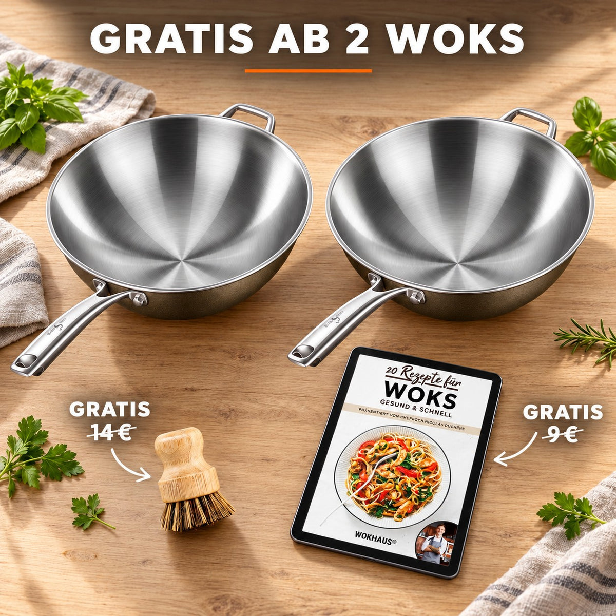 Le Houou – Profi Wok, GRATIS AB 2 WOKS: Bambusbürste (14 €), Rezeptbuch (9 €)
