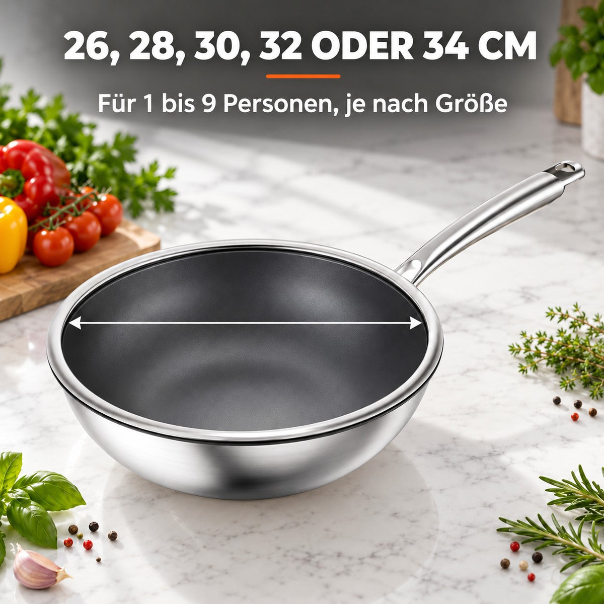 Le Tsumio – Profi Wok Induktion, 26, 28, 30, 32 ODER 34 CM: Für 1 bis 9 Personen, je nach Größe