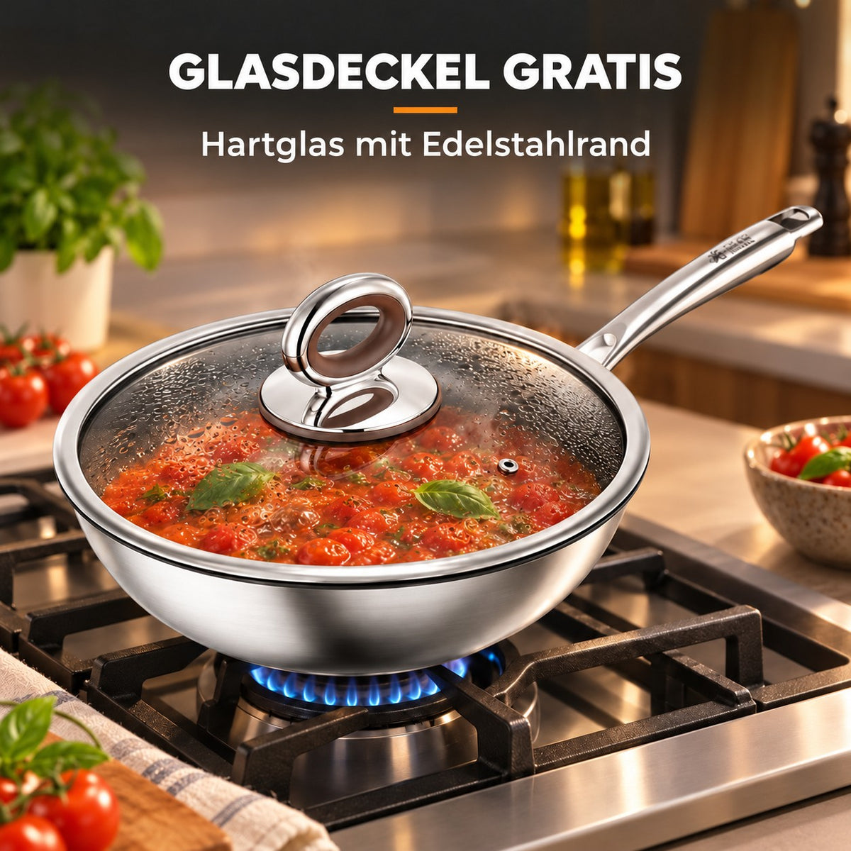 Le Tsumio – Profi Wok Induktion, GLASDECKEL GRATIS: Hartglas mit Edelstahlrand