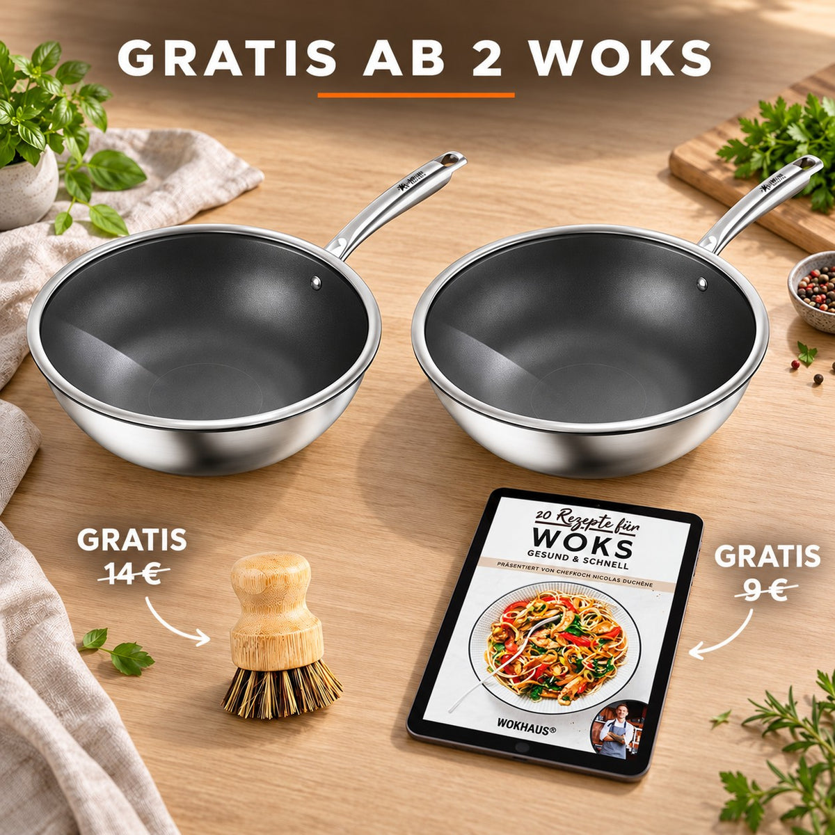 Le Tsumio – Profi Wok Induktion, GRATIS AB 2 WOKS: Bambusbürste (14 €), Rezeptbuch (9 €)