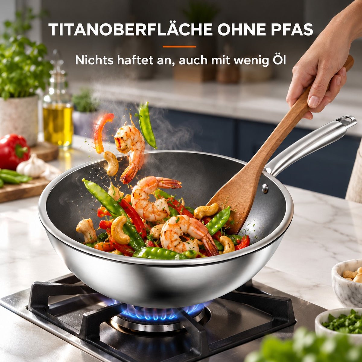 Le Tsumio – Profi Wok Induktion, TITANOBERFLÄCHE OHNE PFAS: Nichts haftet an, auch mit wenig Öl