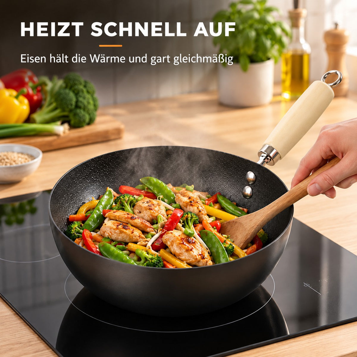 Le Nikko – Schmiedeeisen Kleiner Wok, HEIZT SCHNELL AUF: Eisen hält die Wärme und gart gleichmäßig