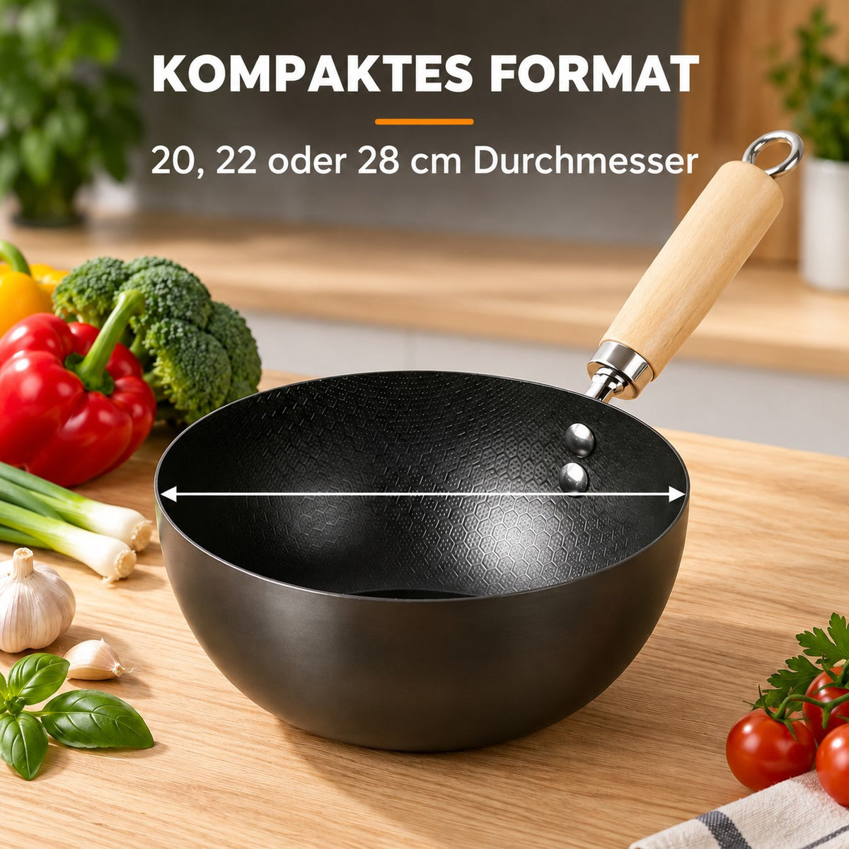 Le Nikko – Schmiedeeisen Kleiner Wok, KOMPAKTES FORMAT: 20, 22 oder 28 cm Durchmesser