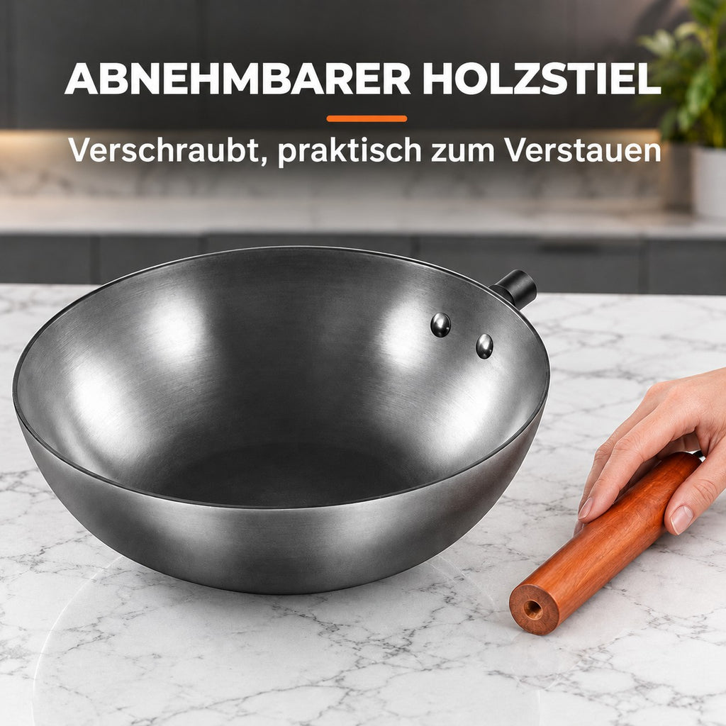 Le Shiretoko – Schmiedeeisen-Wok 32 Cm, ABNEHMBARER HOLZSTIEL: Verschraubt, praktisch zum Verstauen
