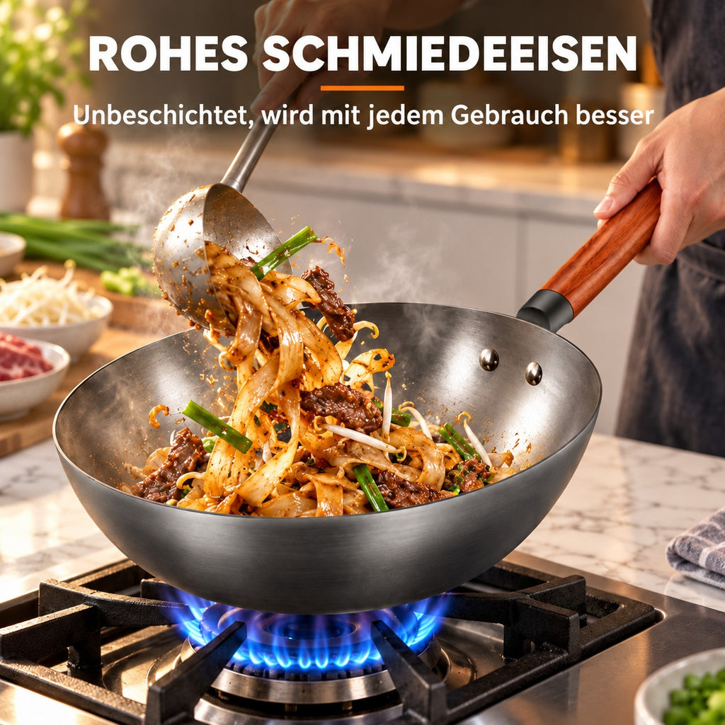 Le Shiretoko – Schmiedeeisen-Wok 32 Cm, ROHES SCHMIEDEEISEN: Unbeschichtet, wird mit jedem Gebrauch besser