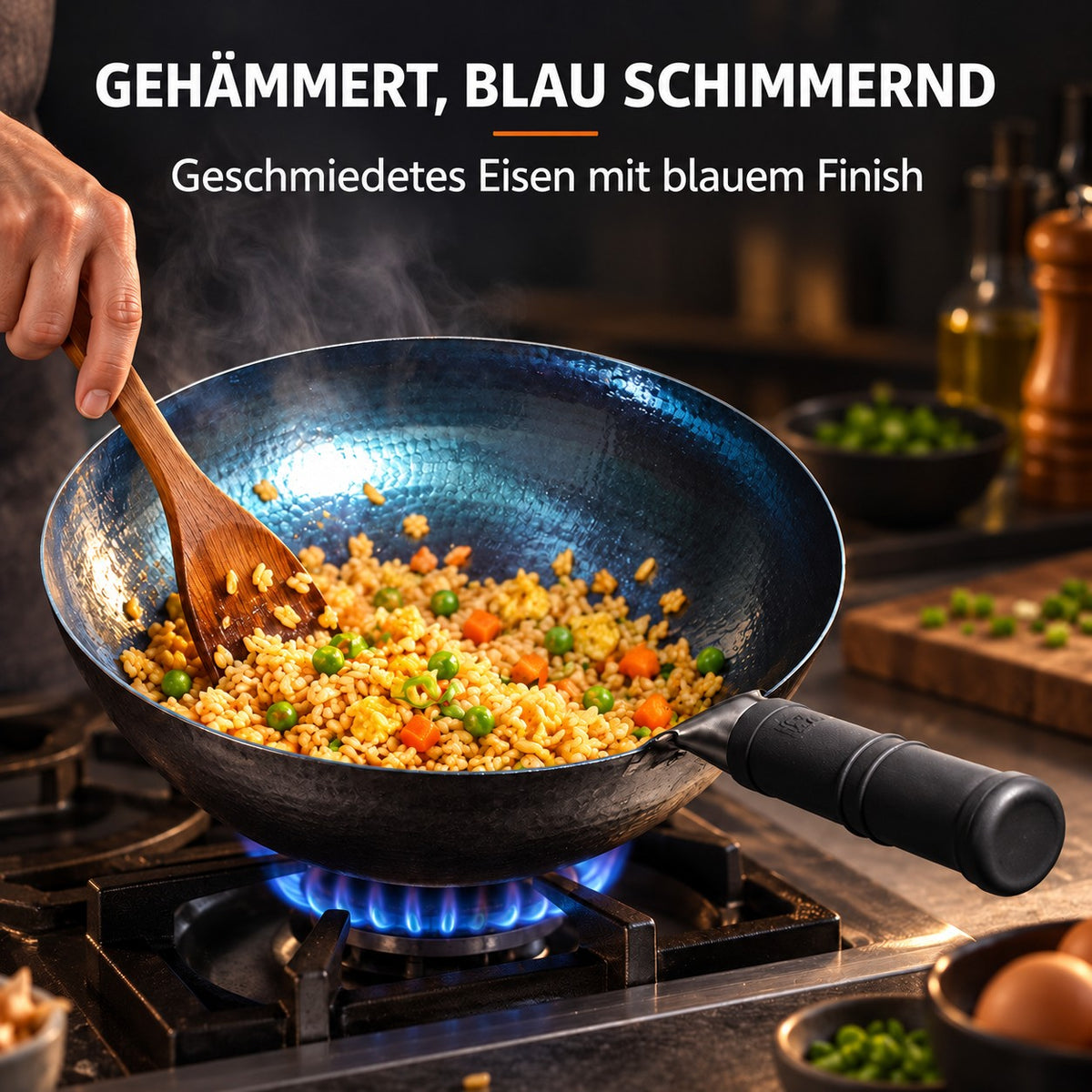 Le Fuji – Schmiedeeiserner Wok, GEHÄMMERT, BLAU SCHIMMERND: Geschmiedetes Eisen mit blauem Finish