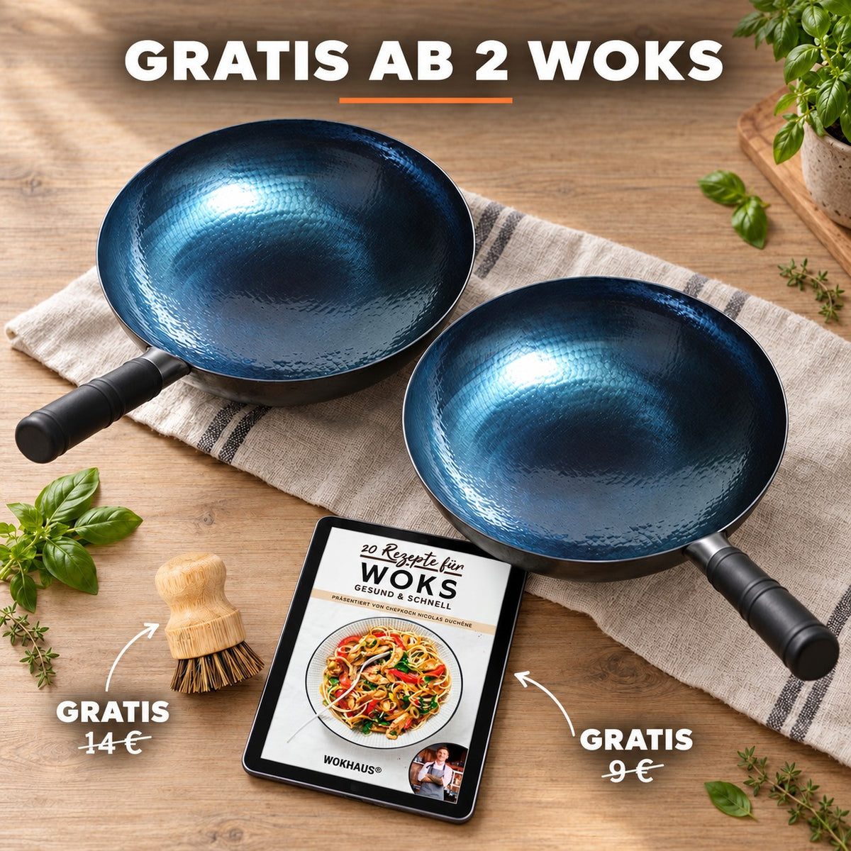 Le Fuji – Schmiedeeiserner Wok, GRATIS AB 2 WOKS: Bambusbürste (14 €), Rezeptbuch (9 €)