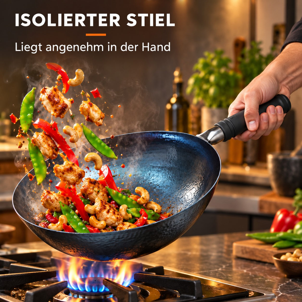 Le Fuji – Schmiedeeiserner Wok, ISOLIERTER STIEL: Liegt angenehm in der Hand