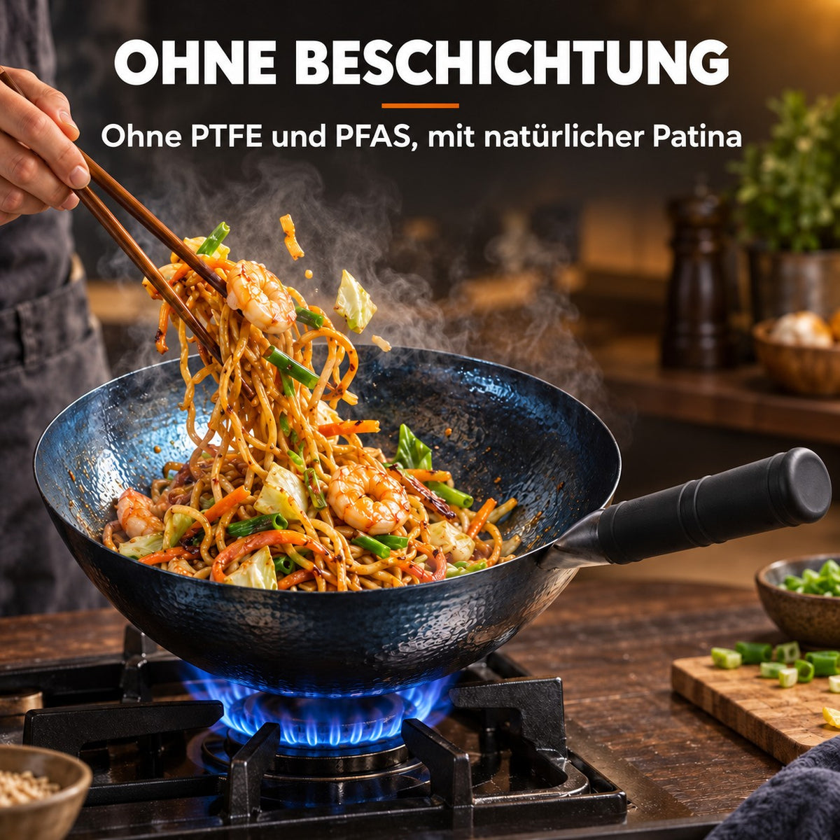 Le Fuji – Schmiedeeiserner Wok, OHNE BESCHICHTUNG: Ohne PTFE und PFAS, mit natürlicher Patina