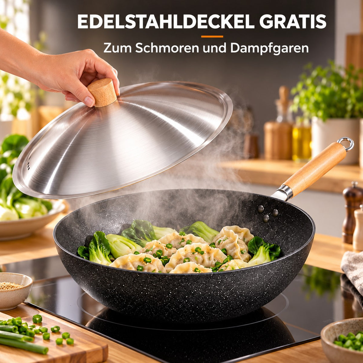 Le Aino – Thermostabiler Wok, EDELSTAHLDECKEL GRATIS: Zum Schmoren und Dampfgaren