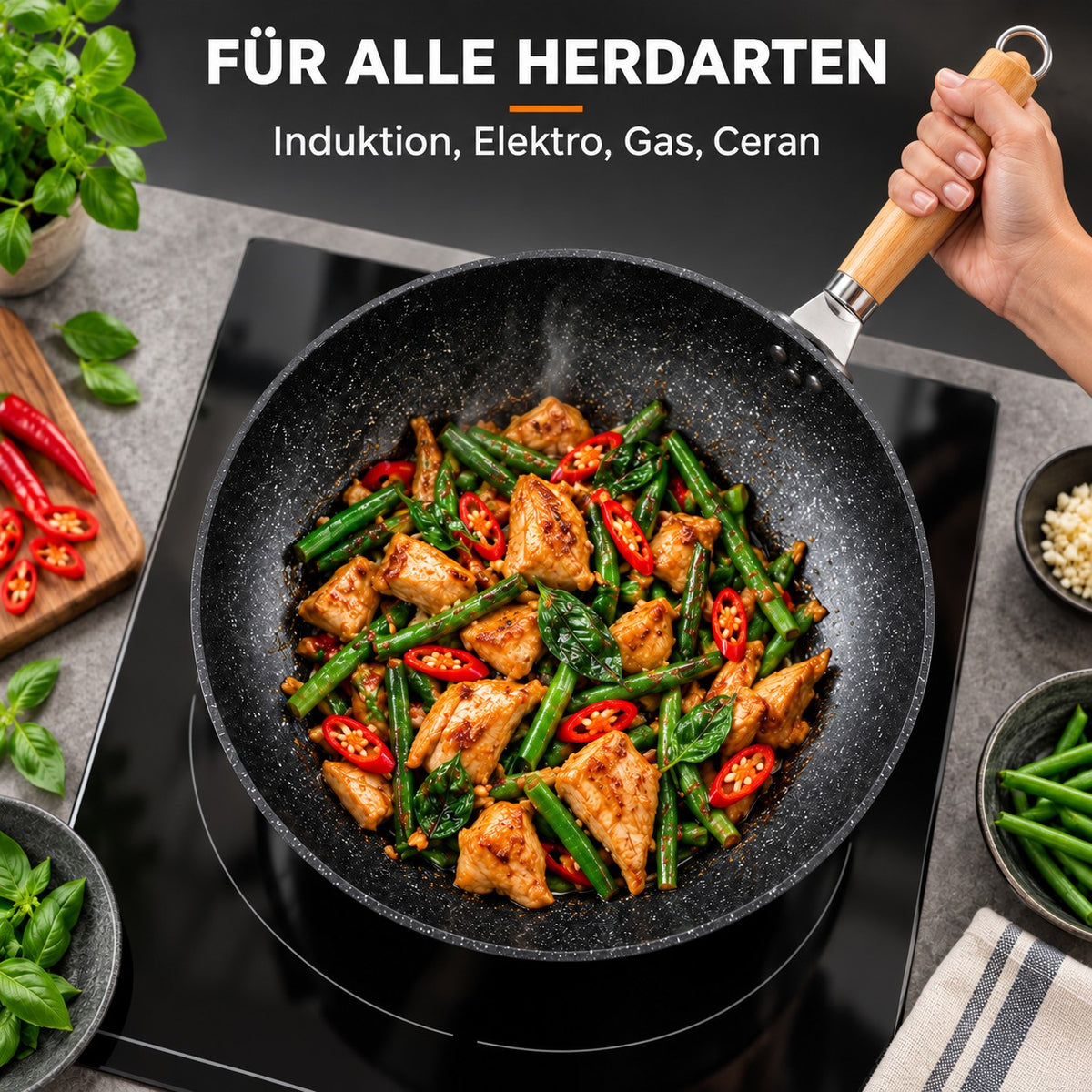 Le Aino – Thermostabiler Wok, FÜR ALLE HERDARTEN: Induktion, Elektro, Gas, Ceran
