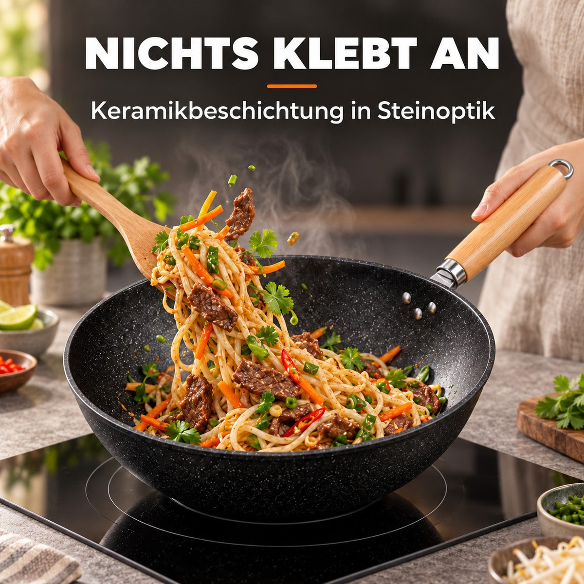 Le Aino – Thermostabiler Wok, NICHTS KLEBT AN: Keramikbeschichtung in Steinoptik