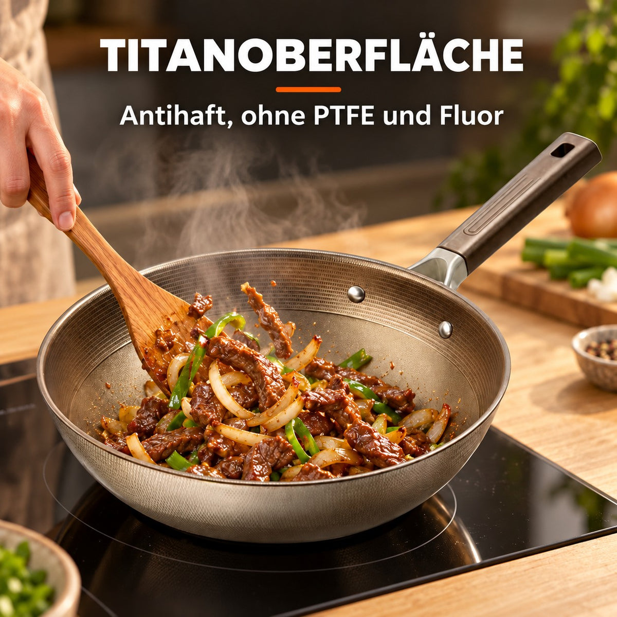 Le Chokai – Titan Wok, TITANOBERFLÄCHE: Antihaft, ohne PTFE und Fluor