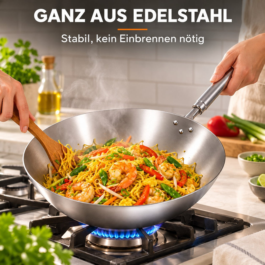 Le Pankaji – Traditioneller Edelstahl-Wok, GANZ AUS EDELSTAHL: Stabil, kein Einbrennen nötig