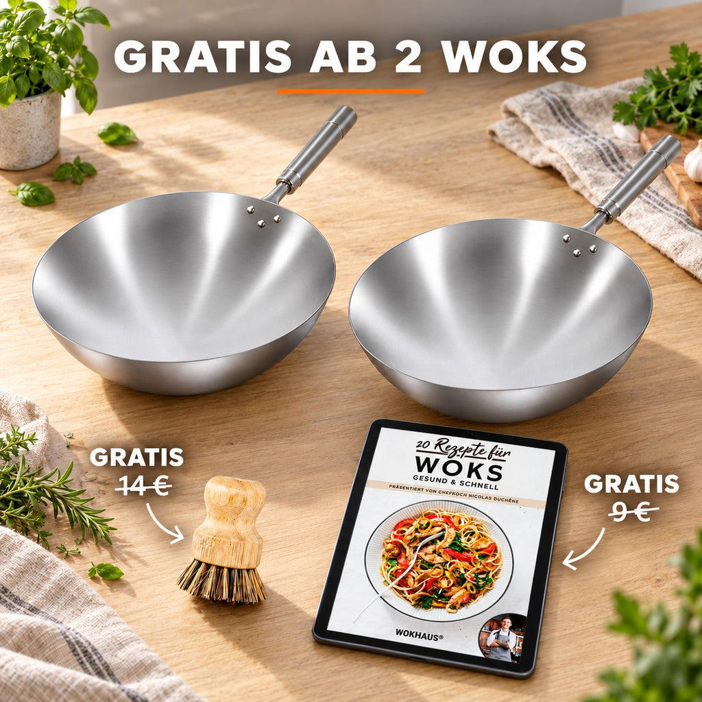Le Pankaji – Traditioneller Edelstahl-Wok, GRATIS AB 2 WOKS: Bambusbürste (14 €), Rezeptbuch (9 €)