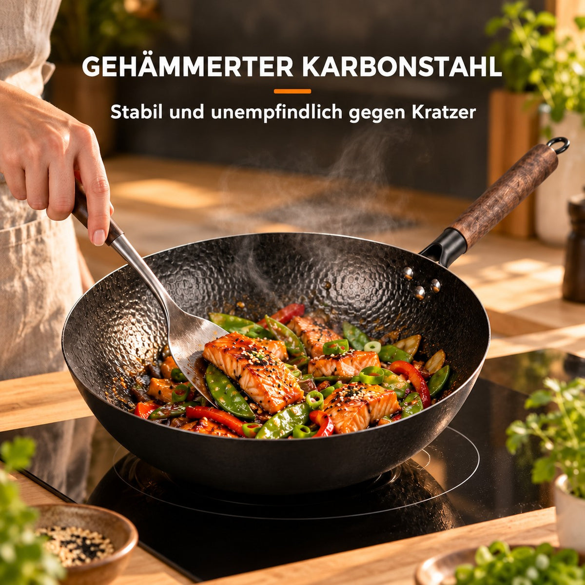 Le Zao – Traditioneller Wok, GEHÄMMERTER KARBONSTAHL: Stabil und unempfindlich gegen Kratzer