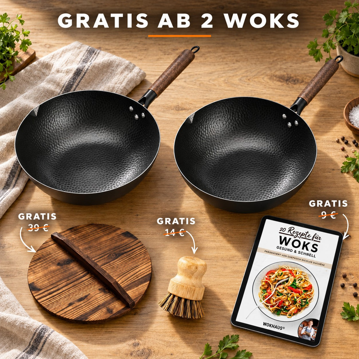 Le Zao – Traditioneller Wok, GRATIS AB 2 WOKS: Holzdeckel (39 €), Bambusbürste (14 €), Rezeptbuch (9 €)