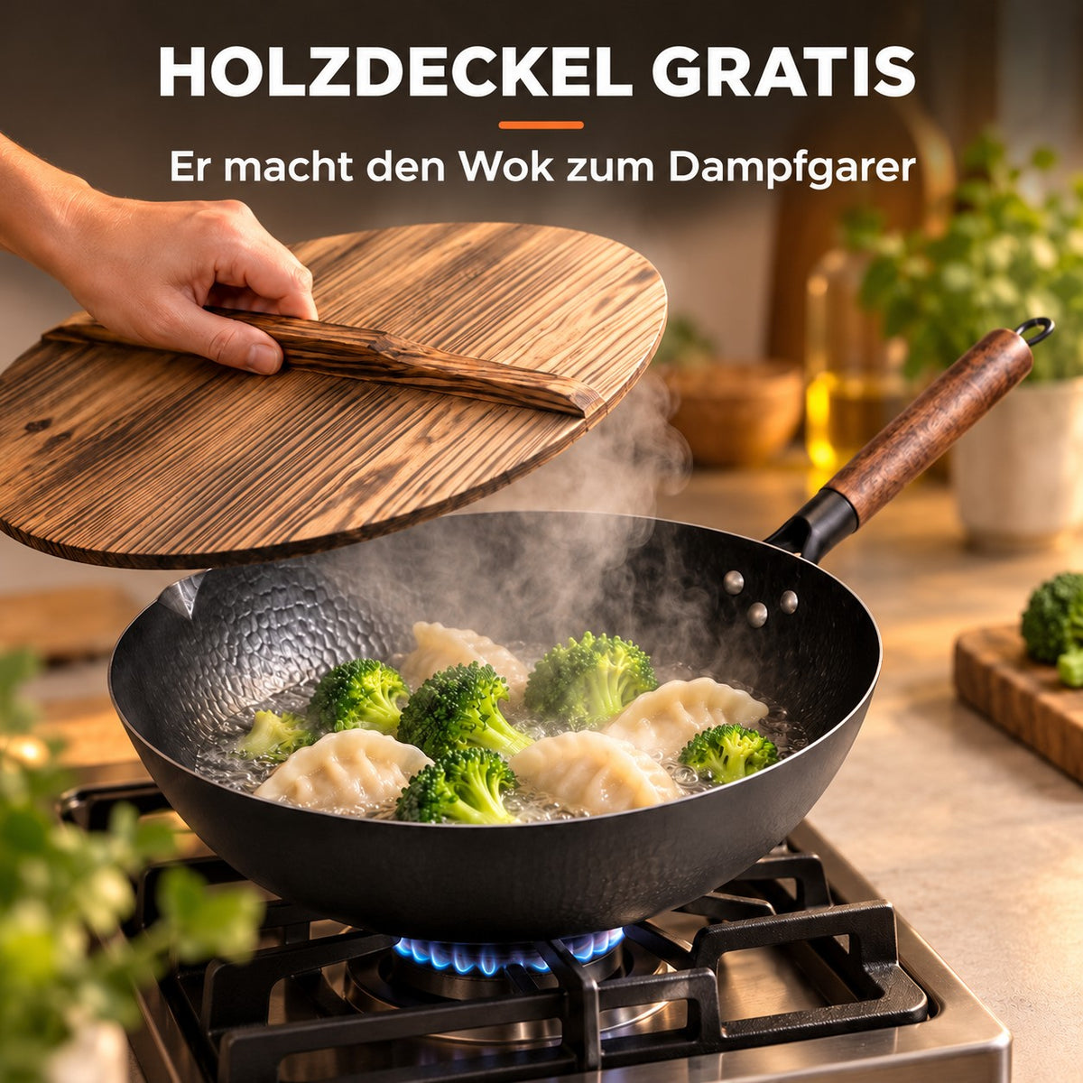 Le Zao – Traditioneller Wok, HOLZDECKEL GRATIS: Er macht den Wok zum Dampfgarer