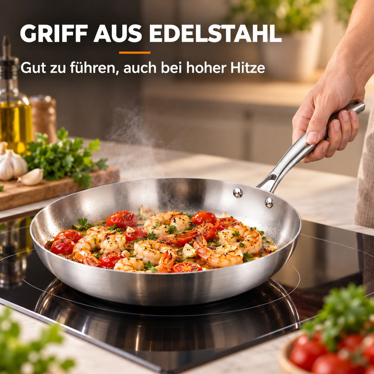 Le Shari – Wok 28 Cm, GRIFF AUS EDELSTAHL: Gut zu führen, auch bei hoher Hitze