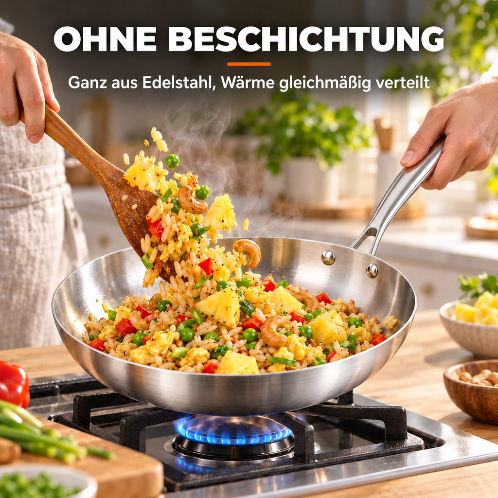 Le Shari – Wok 28 Cm, OHNE BESCHICHTUNG: Ganz aus Edelstahl, Wärme gleichmäßig verteilt