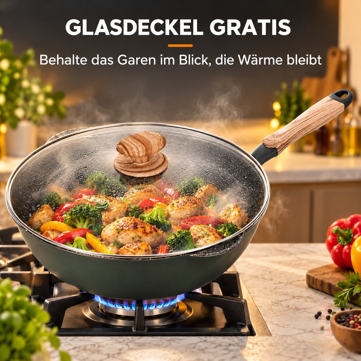 Le Tsurugi – Wok 28 Keramikbeschichtet, GLASDECKEL GRATIS: Behalte das Garen im Blick, die Wärme bleibt
